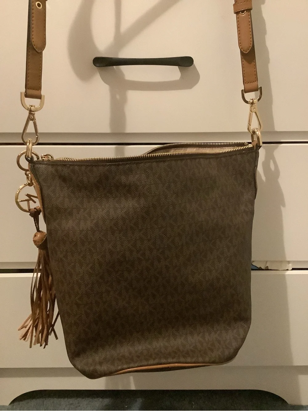 Michael Kors Brown Logo Crossbody with Tan Strap and Tassel